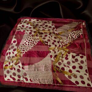 Vntage Christian Dior 100% Silk Scarf with polka dots and gold 14.5" x15.3